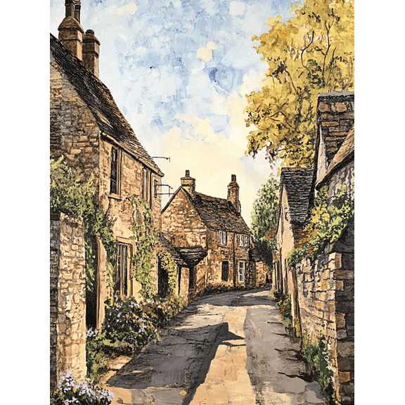 Cottage Lane Stone Houses Wall Decor Canvas Print Suitable for Living Room Bedroom Kitchen Hallway and Office Decoration.