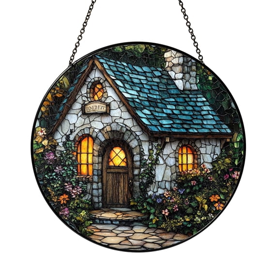 Cottage Library House Scene Stained Glass Style Window Hanging Suncatcher, Cozy Fairy Tale Home Decor Gift