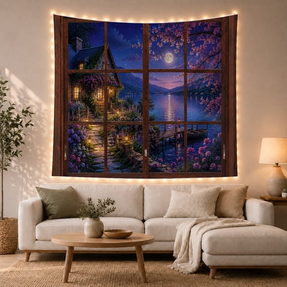 Cottage by a Moonlit Lake with Rose Vines, Peaceful Cottagecore for Nature Lovers, Neutral Landscape Art Decor, Anniversary Gift, Tapestry Wall Hanging for Bedroom and Living Room
