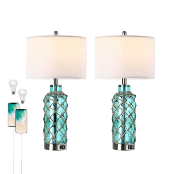 Cottage Nautical Accent Table Lamp Set of 2, Coastal Blue Green Glass Rope Net Bedside Lamp with 2 USB Ports, 3-Way Dimmable Touch Control Nightstand Lamp with White Shade for Living Room Bedroom