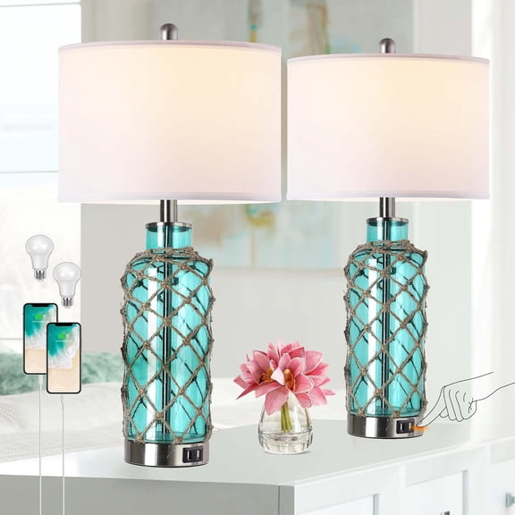 Cottage Nautical Accent Table Lamp Set of 2, Touch Control Coastal Blue Green Glass Rope Net Bedside Lamp with 2 USB Ports, 3-Way Dimmable Nightstand Lamps with White Shade for Living Room