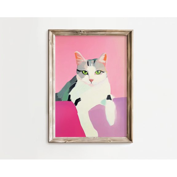Cottage Pastel Colorful Cat Portrait | Wall Art | Cute Feline Home Decor, Art For Cat Lovers Unframed Paper Print