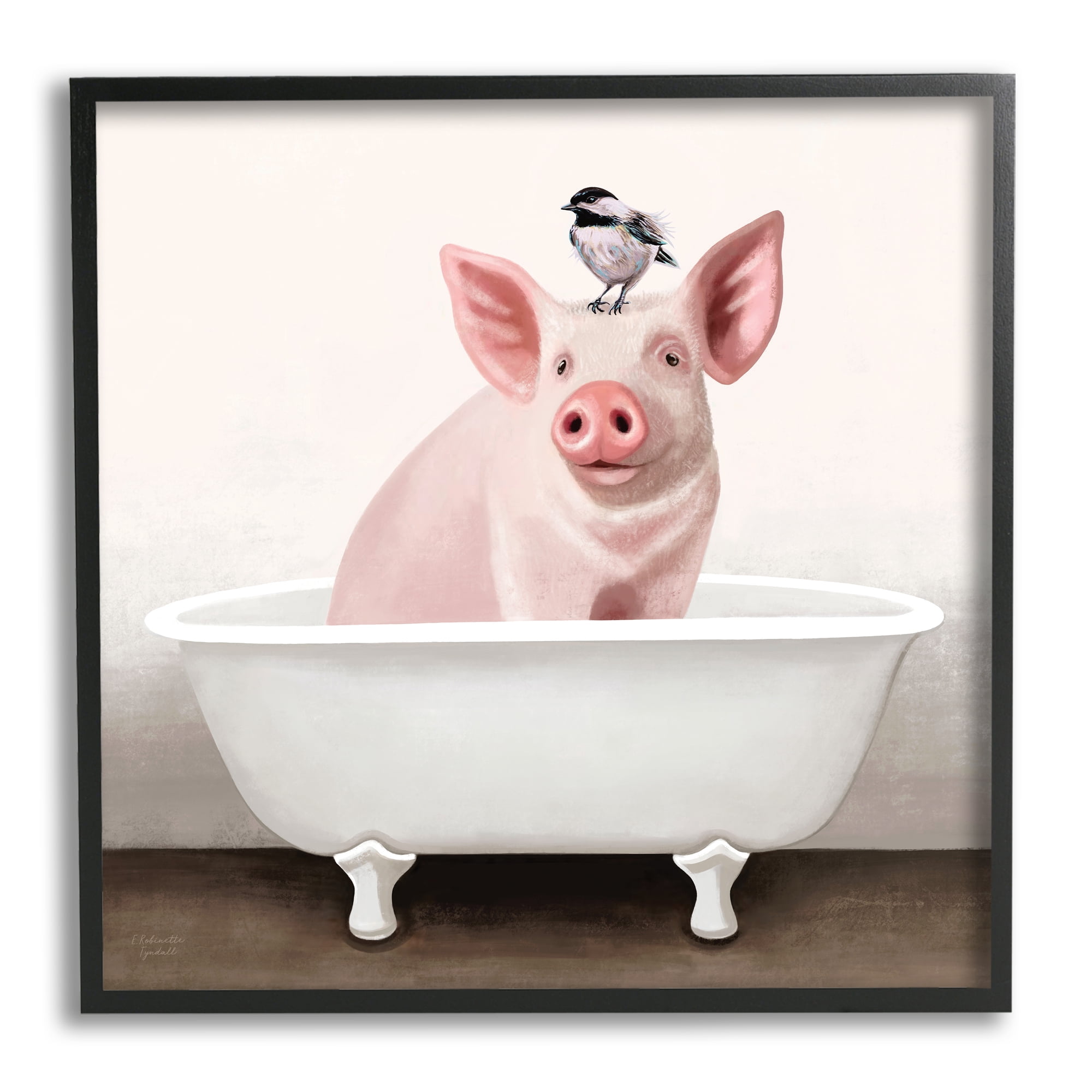 Cottage Pink Pig with Sparrow Perched in Tub Animals & Insects Framed Art Print Wall Art, 17x17
