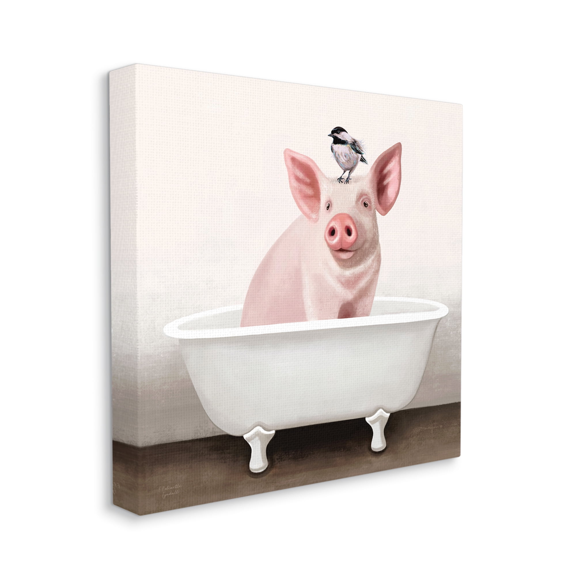 Cottage Pink Pig with Sparrow Perched in Tub Animals & Insects Gallery-Wrapped Canvas Print Wall Art, 17x17