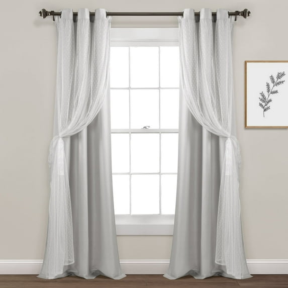 Cottage Polka Dot Sheer Window Curtain Panels Including Tieback Light Gray 38X84 Set