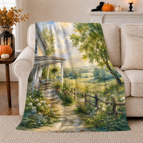 Cottage Porch with Rocking Chair, Peaceful Watercolor Style for Farmhouse Lovers, Cozy Valley Scene, Flannel Blanket for Living Room and Bedroom, Housewarming Gift and Country Home Decor
