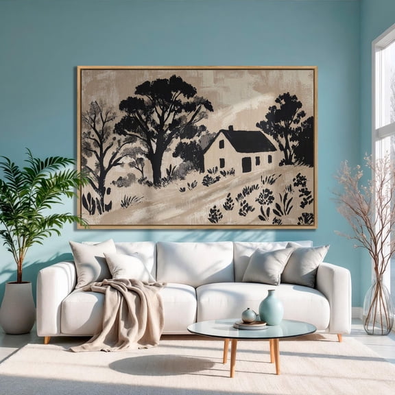 Cottage Poster: Black And Beige Rural Landscape Wall Art, Stretched Canvas Size 8x12