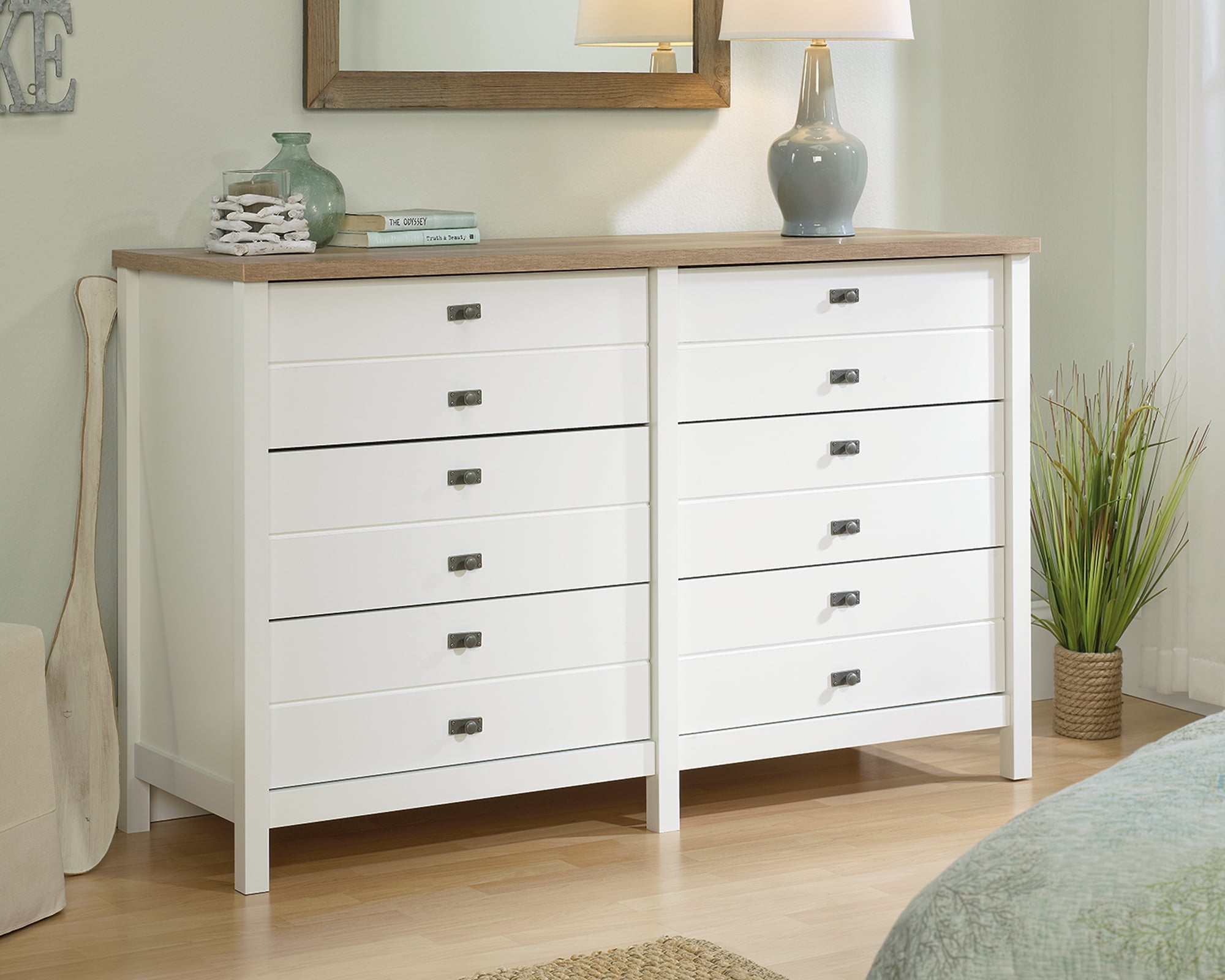 Cottage Road Soft White Double Dresser with Lintel Oak Accents