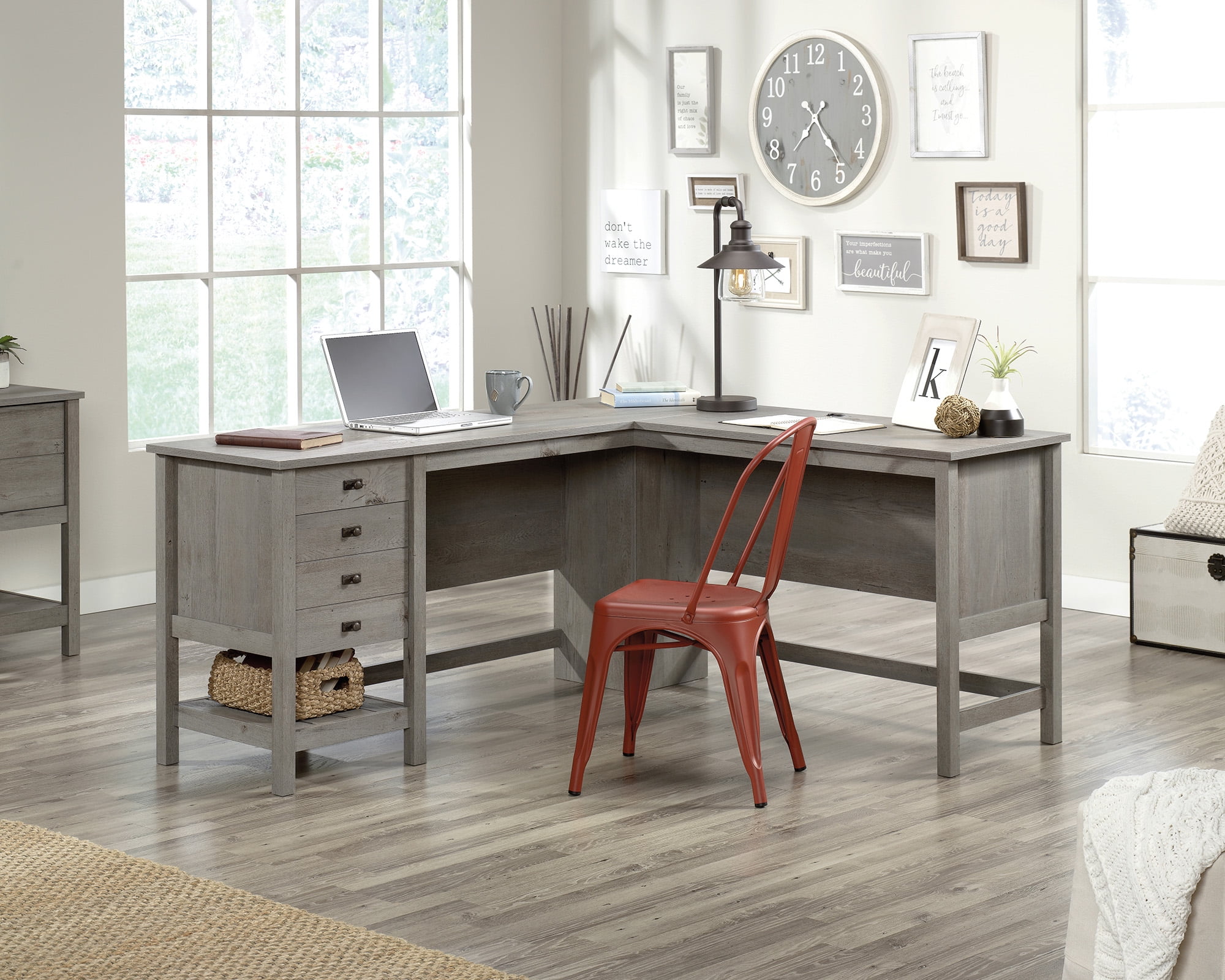 Mystic Oak L-Shaped Gray Wood Computer Desk with Drawer and Filing Cabinet