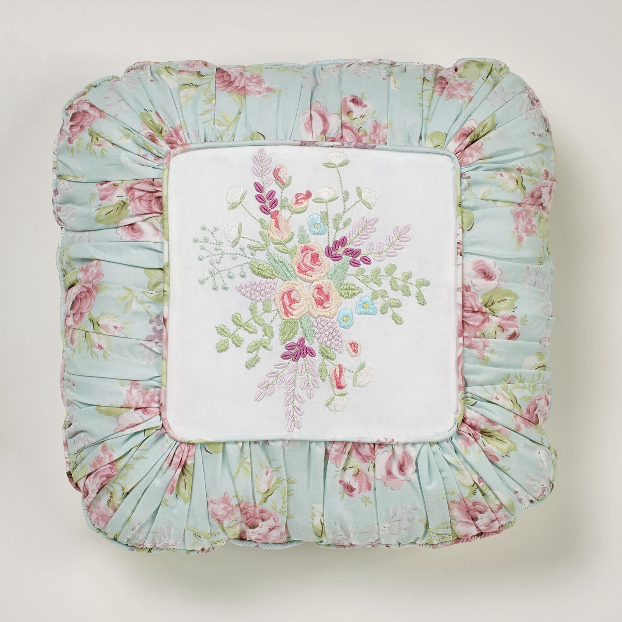 Cottage Rose Collection - Embroidered Pillow - Aqua Mist - Square ...