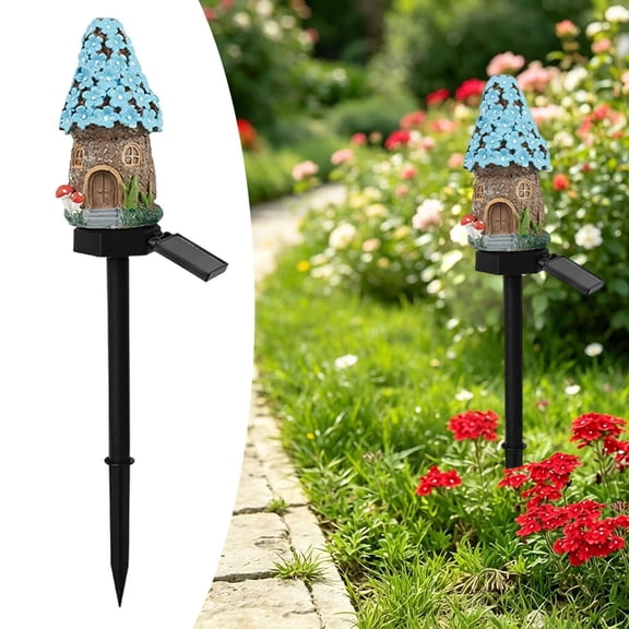 Cottage Solar Garden Stake Light Resin Log Cabin Led Landscape Lamp For Yard Patio Flower Bed Backyard(Blue-7Cm)