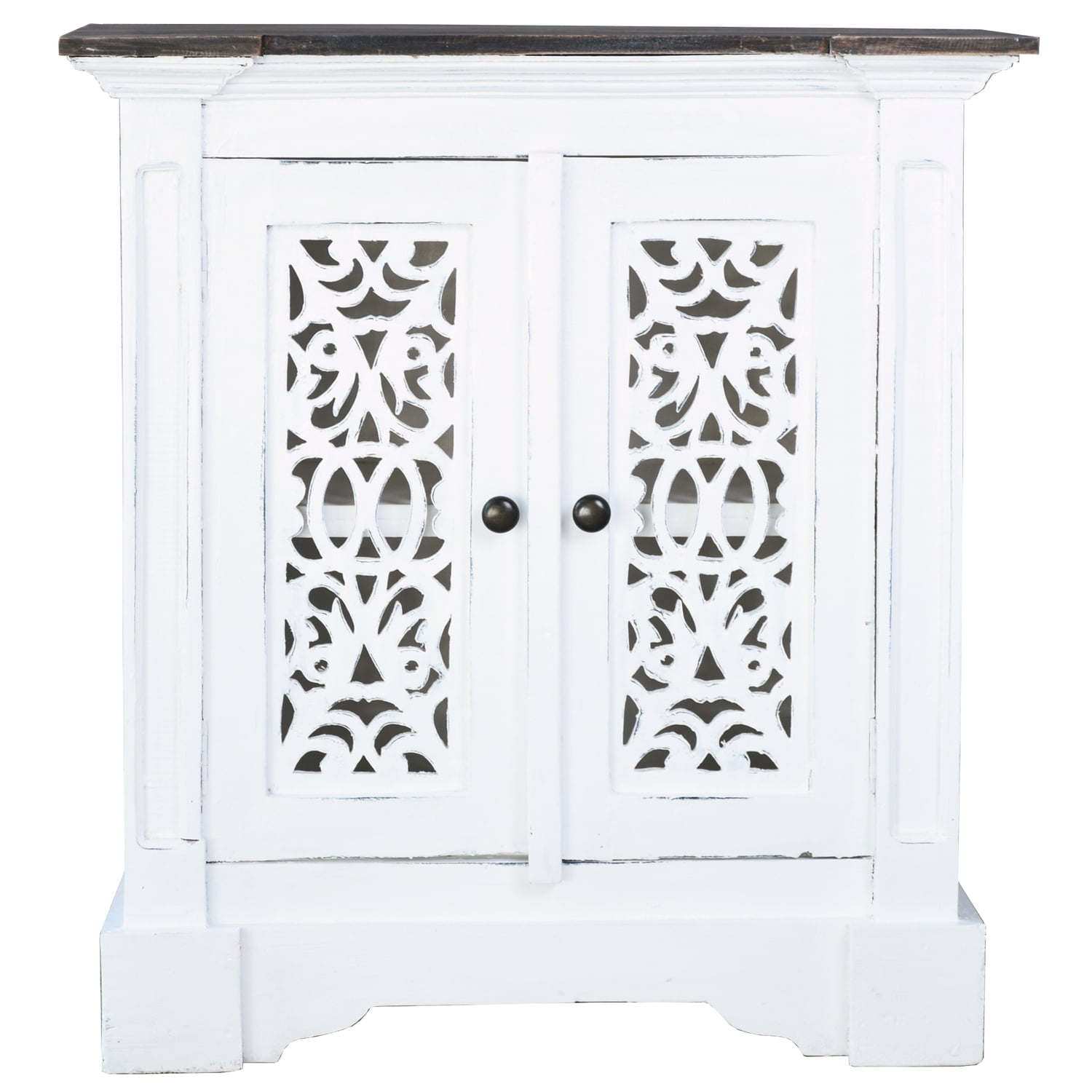Distressed White Mahogany Wood Bathroom Cabinet with Lattice Doors