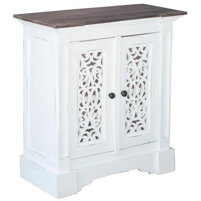 Distressed White Mahogany Wood Bathroom Cabinet with Lattice Doors