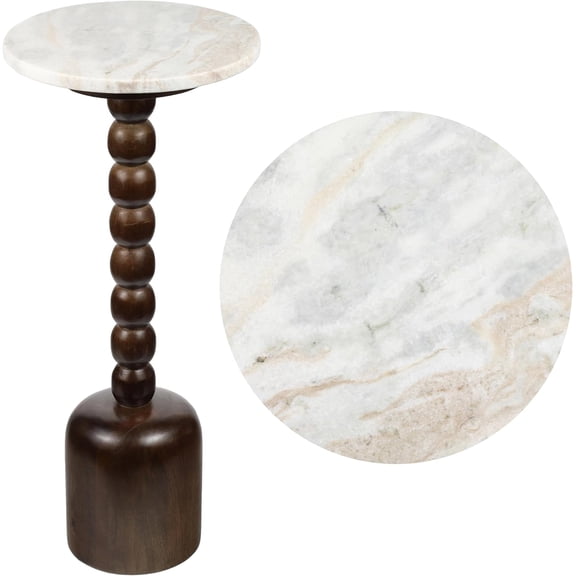 Cottage Spindle Wood Column Drink Table with White/Beige Marble Round Top, 24.5" Dark Brown Decorative End Table