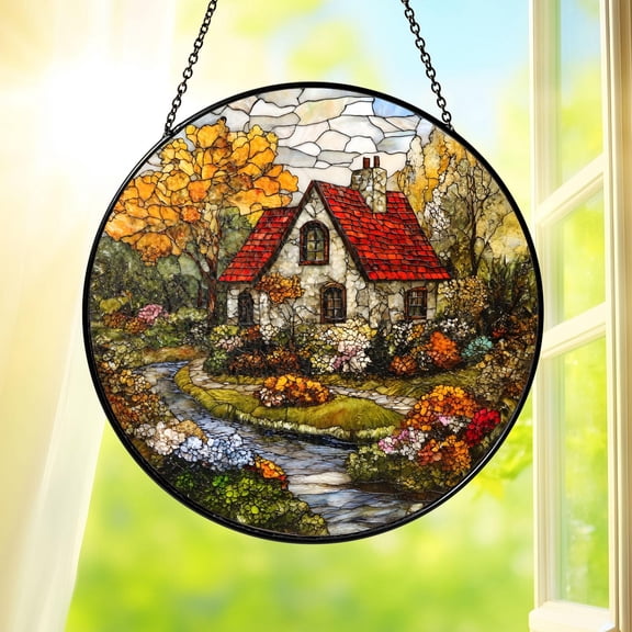 Cottage Stained Glass Suncatcher, Cozy House Landscape Window Hanging, Cottage Handmade Glass Art Decor, Rustic Home Gift