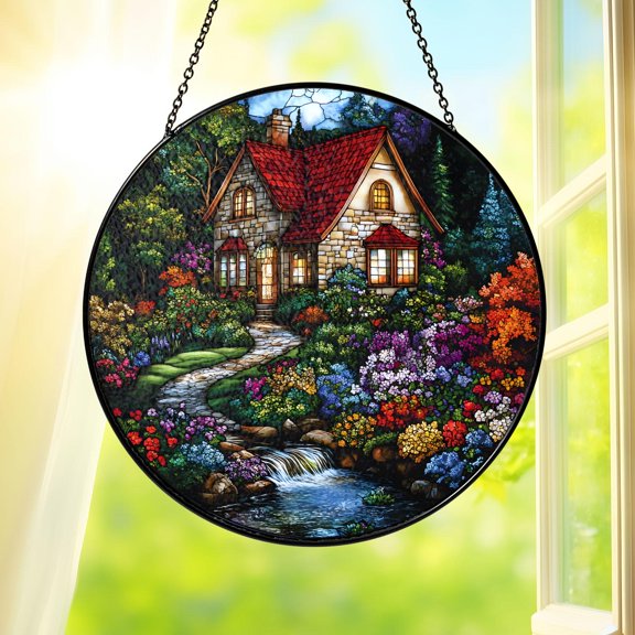 Cottage Stained Glass Suncatcher Window Hanging Colorful Garden House Cottagecore Home Decor Gift