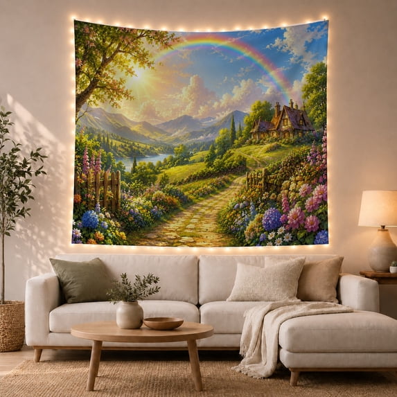Cottage on Stone Path with Rainbow and Lake, Whimsical Fantasy for Fantasy Decor Lovers, Nature Wall Art, Birthday Gift, Tapestry Wall Hanging for Living Room and Bedroom