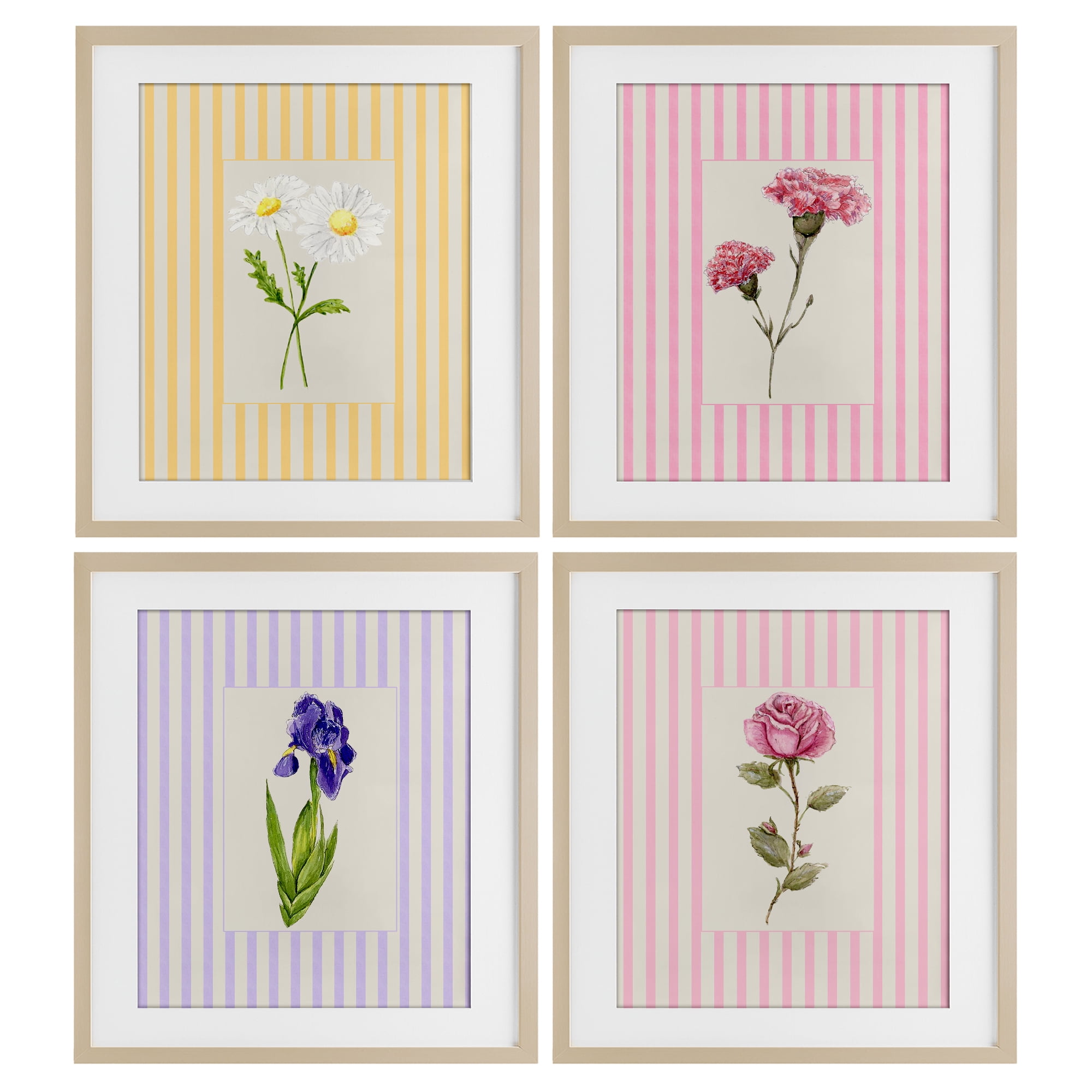 Cottage Stripe Sprigs 4 Piece Birch Framed Print Under Glass Set, design by Lisa Wehmeyer