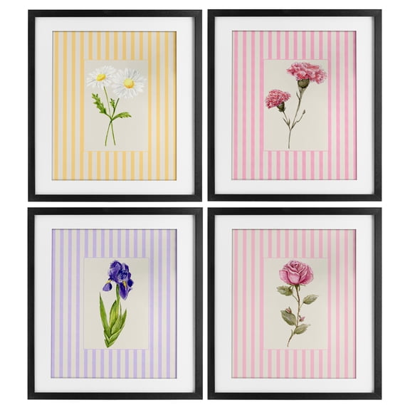 Cottage Stripe Sprigs 4 Piece Black Framed Print Under Glass Set, design by Lisa Wehmeyer