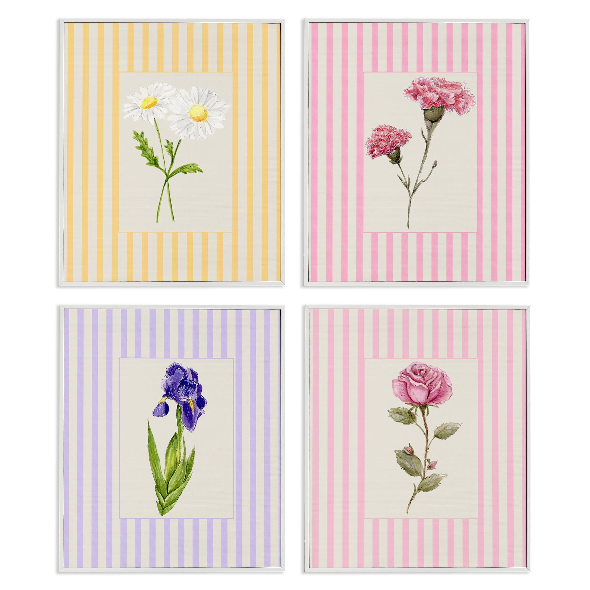 Cottage Stripe Sprigs 4 Piece White Framed Giclee Art Set, design by Lisa Wehmeyer