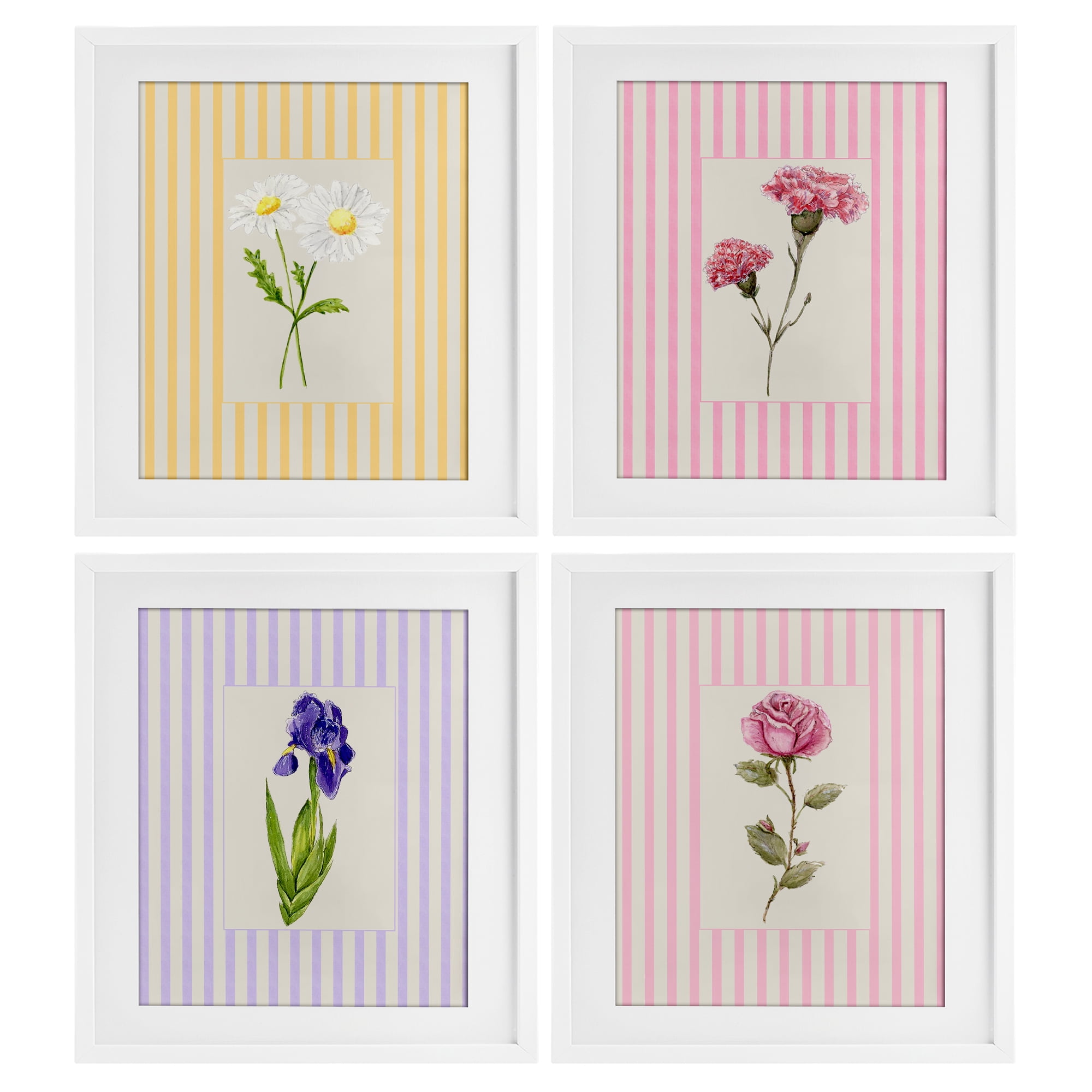 Cottage Stripe Sprigs 4 Piece White Framed Print Under Glass Set, design by Lisa Wehmeyer