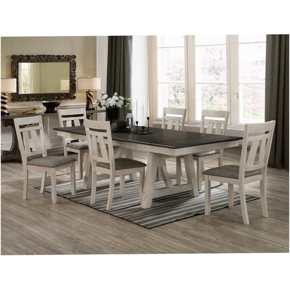 Cottage Style 6-Piece Dining Table Set with Self-Storing Leaves and Upholstered Chairs, Cream Finish