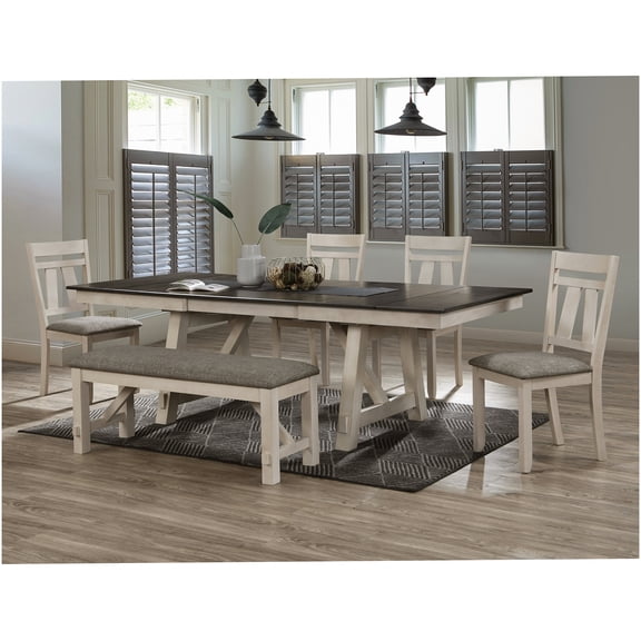 Cottage Style 6-Piece Extendable Dining Table Set with Upholstered Chairs and Bench, Cream Finish