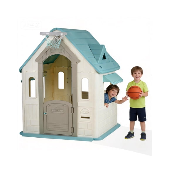 Cottage-Style Kids Outdoor Playhouse with Basketball Hoop, Mailbox, Windows & Half Door – Indoor/Outdoor Playhouse for Toddler Pretend Play – Backyard Garden Activity House