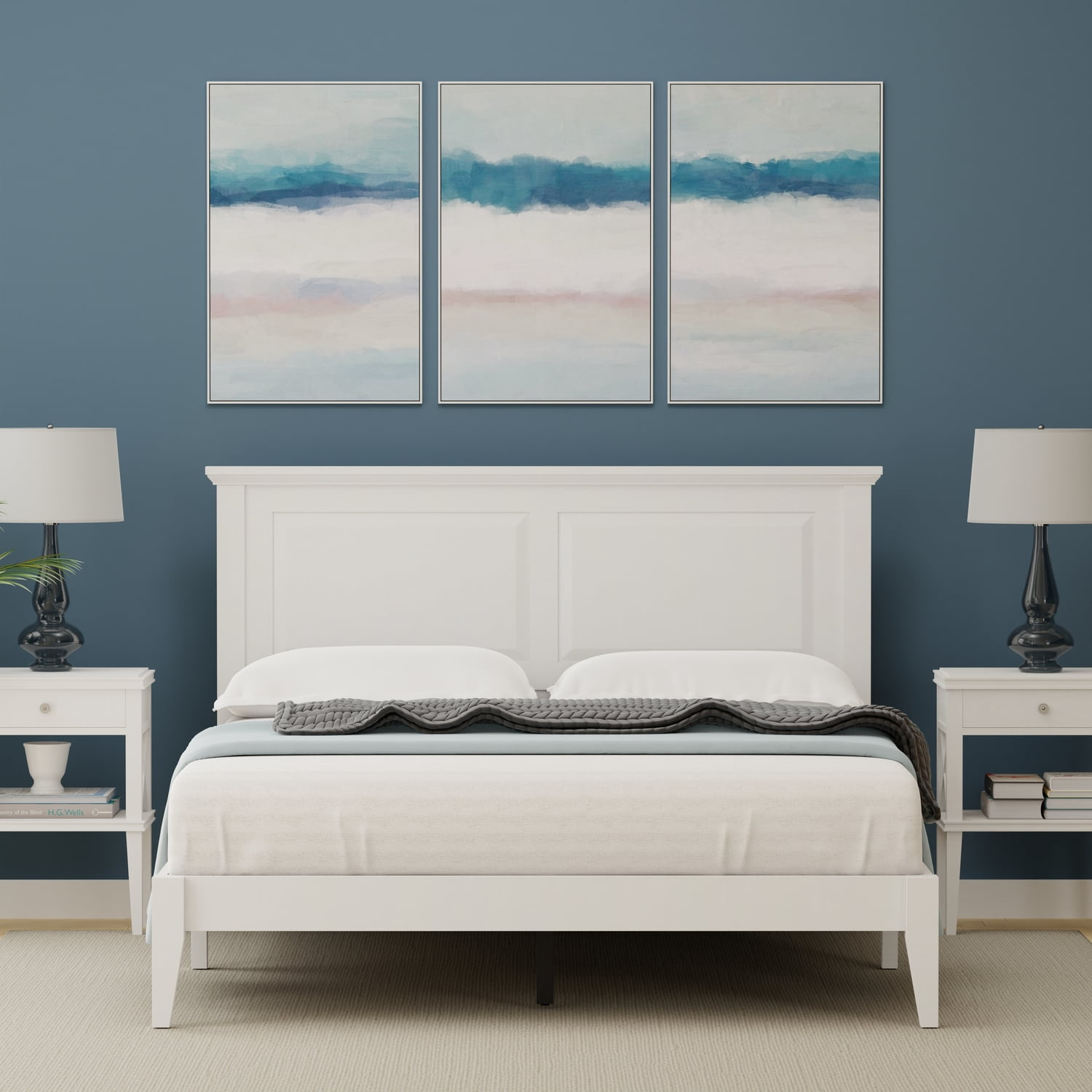Queen White Oak Cottage Style Platform Bed with Headboard