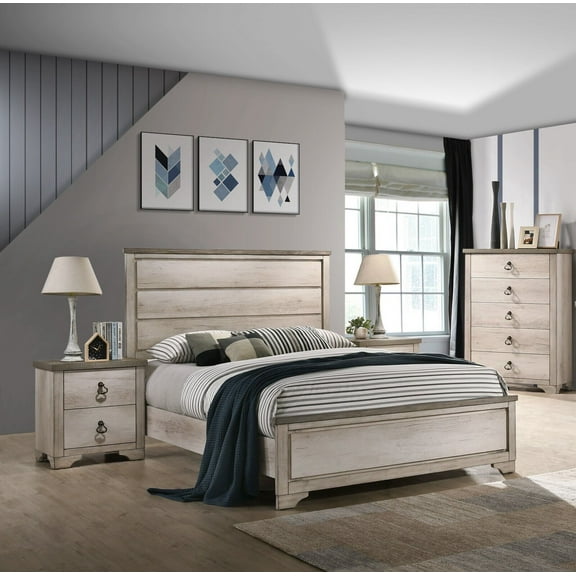 Cottage Style Two Tone Rustic Finish 3pc King Size Bed Chest Nightstand Set Traditional Ring Pull