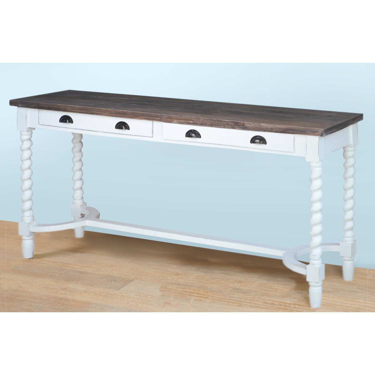Coastal Cottage Swirl-Legged White & Brown Mahogany Console with Storage
