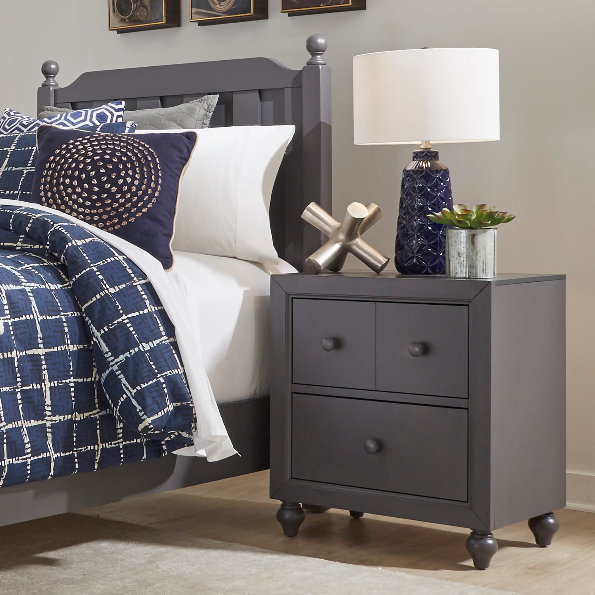 Cottage Dark Gray 2-Drawer Nightstand with Bun Feet