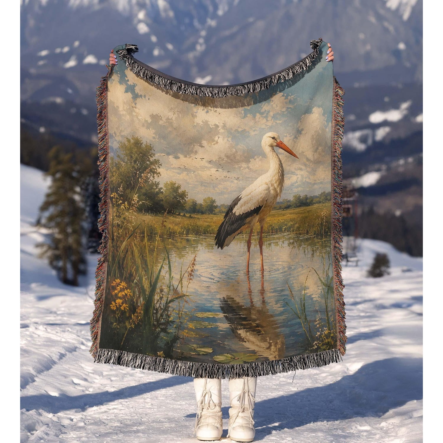 Cottage White Stork Woven Throw Blanket, 100% Cotton with Fringed Edges ...