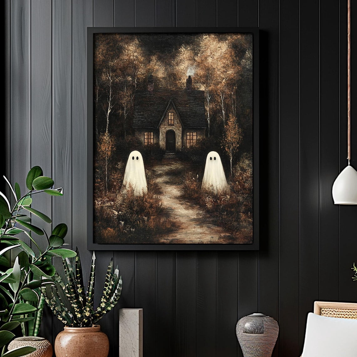 Cottage With Ghosts Canvas Poster Vintage Halloween Print Wall Art ...