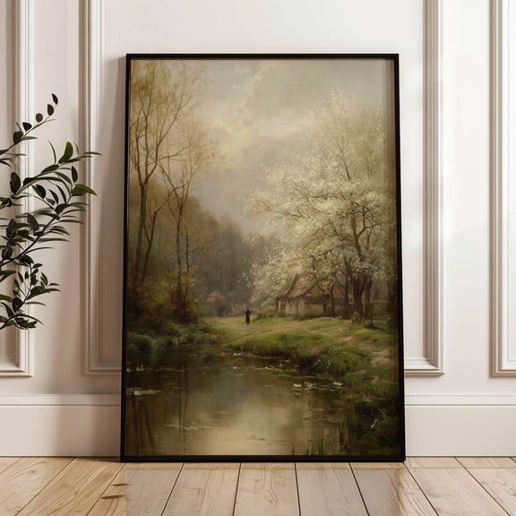 Cottage in Orchard Field Spring Countryside Landscape Art, Unframed Paper Poster 11x14in