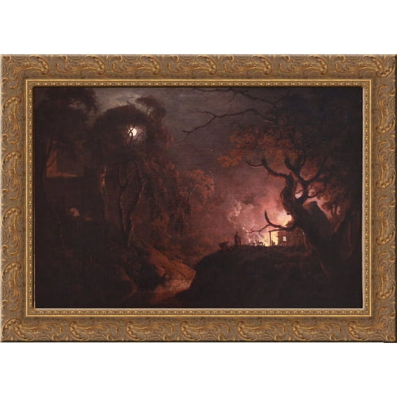 Cottage on Fire at Night 24x18 Gold Ornate Wood Framed Canvas Art by Joseph Wright
