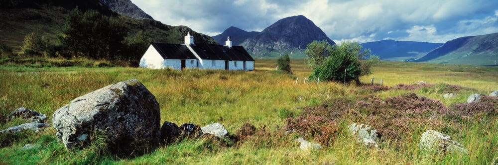 Cottage on a landscape Black Rock Cottage Buachaille Etive Mor Rannoch Moor Highlands Region Scotland Canvas Art - Panoramic Images (36 x 12)