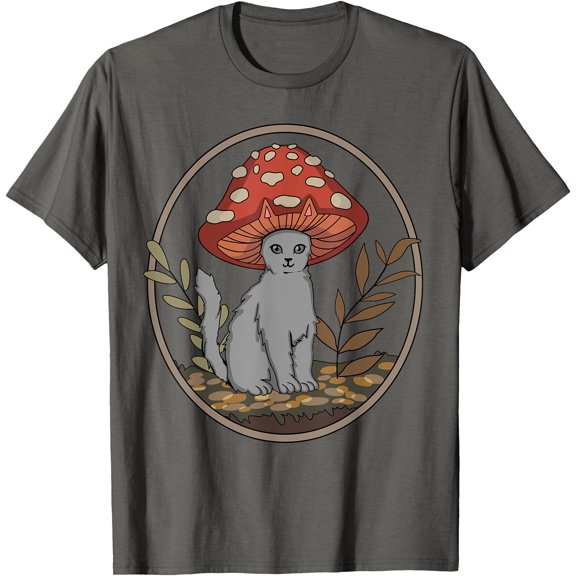Cottagecore Aesthetic Cat with Mushroom Hat Unisex T-Shirt for Men Women Kids Toddler,Charcoal Color,Size YXS