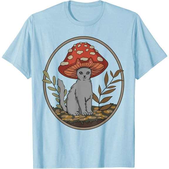 Cottagecore Aesthetic Cat with Mushroom Hat Unisex T-Shirt for Men Women Kids Toddler,Light Blue Color,Size M