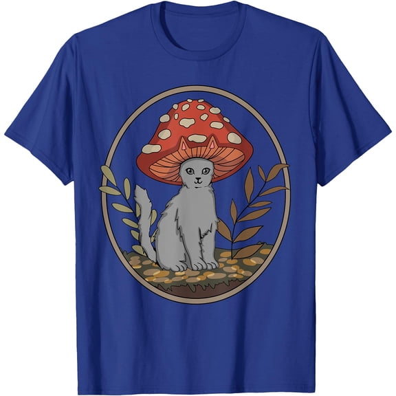 Cottagecore Aesthetic Cat with Mushroom Hat Unisex T-Shirt for Men Women Kids Toddler,Royal Blue Color,Size YXS