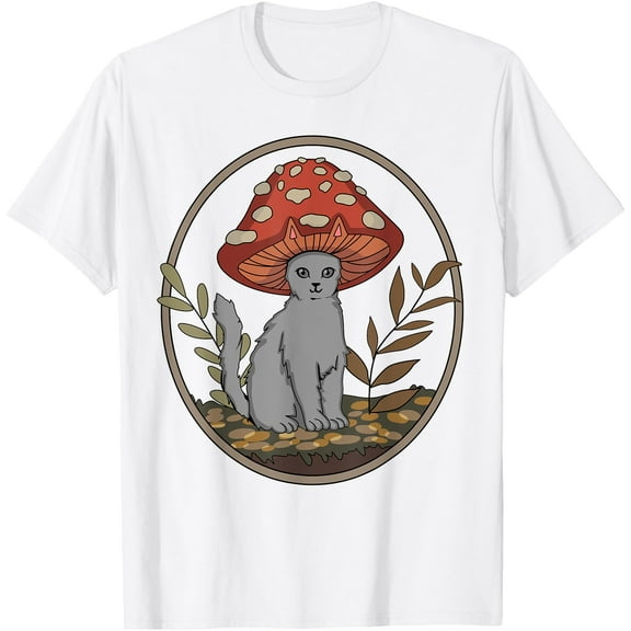 Cottagecore Aesthetic Cat with Mushroom Hat Unisex T-Shirt for Men Women Kids Toddler,White Color,Size YL