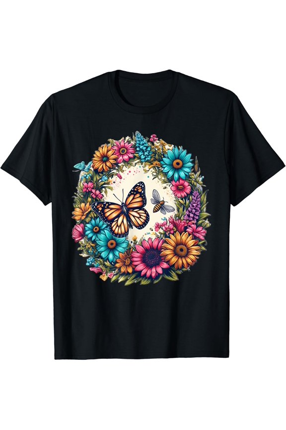 Cottagecore Aesthetic Floral Butterfly Bee Flowers T-Shirt Size S-5XL