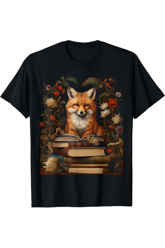 Cottagecore Aesthetic Floral Fox With Book Cute Animal Unisex T-Shirt up to size 5XL