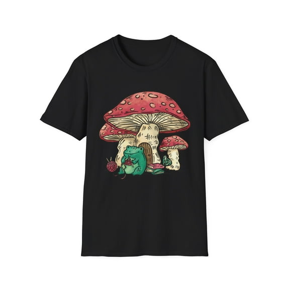 Cottagecore Aesthetic Frog Knitting Under Mushroom Graphic