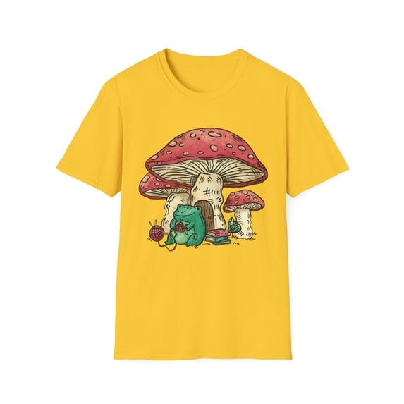 Cottagecore Aesthetic Frog Knitting Under Mushroom Graphic