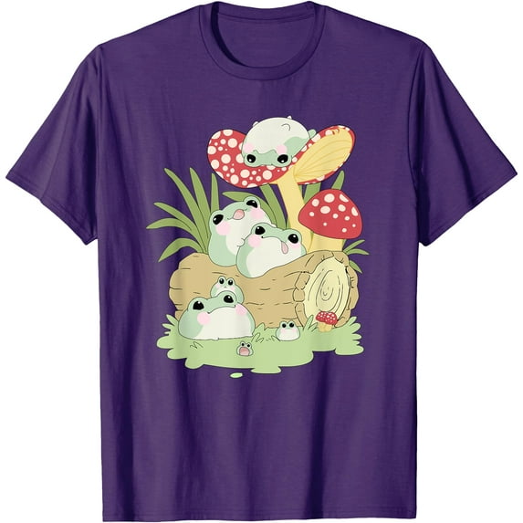 Cottagecore Aesthetic Frog Lying on Mushroom Cute Unisex T-Shirt for Men Women Kids Toddler ,Purple Color,Size 5XL