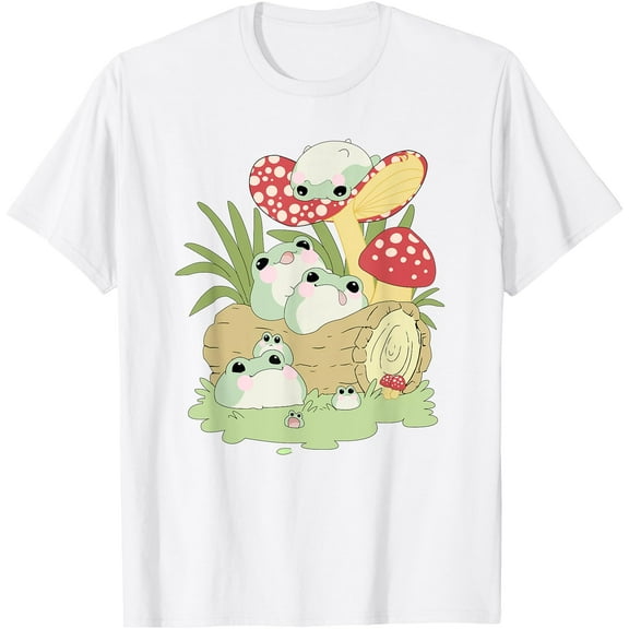 Cottagecore Aesthetic Frog Lying on Mushroom Cute Unisex T-Shirt for Men Women Kids Toddler ,White Color,Size L