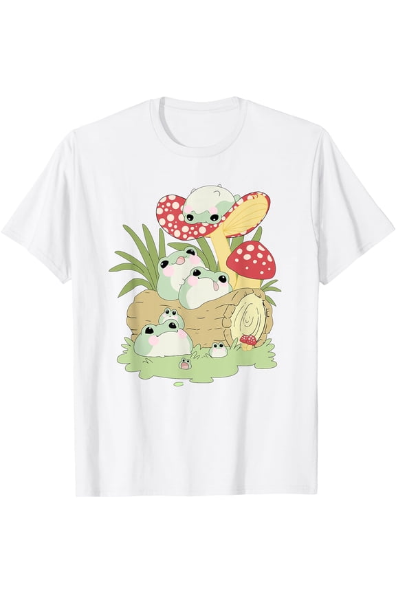 Cottagecore Aesthetic Frog Lying on Mushroom Cute Unisex T-Shirt for Men Women Kids Toddler