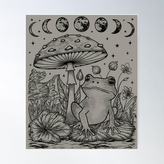 Cottagecore Aesthetic Frog Mushroom Moon Witchy Vintage / Goblincore Aesthetic Frog Poster Wall Art, Modern Wall Decor For Living Room Bedroom, 8x12 UNFRAMED