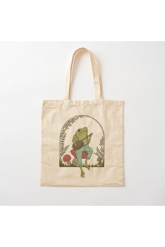 Cottagecore Aesthetic Frog Playing Banjo On Mushroom: Cute Vintage Goblincore Farmer Toad In Garden, Emo Grunge Fairycore Cotton Tote Bag Canvas Tote Bag, Family Gift For Mother, Her